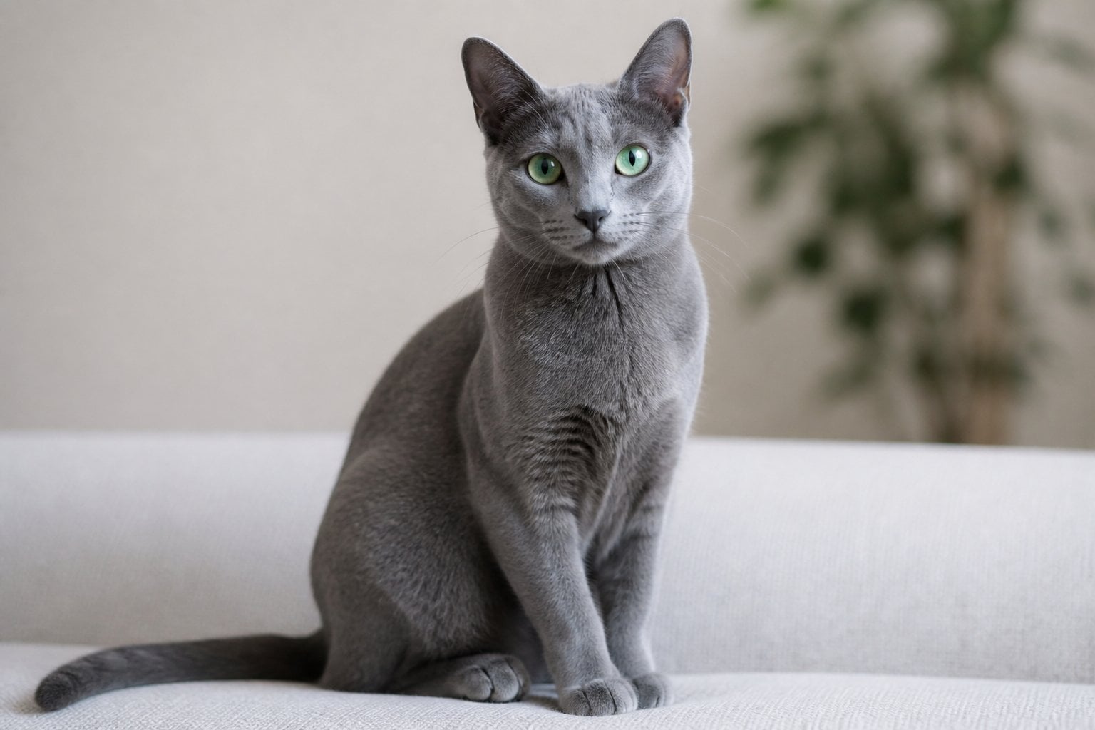 A Russian Blue cat with green eyes sitting calmly on a soft surface indoors.