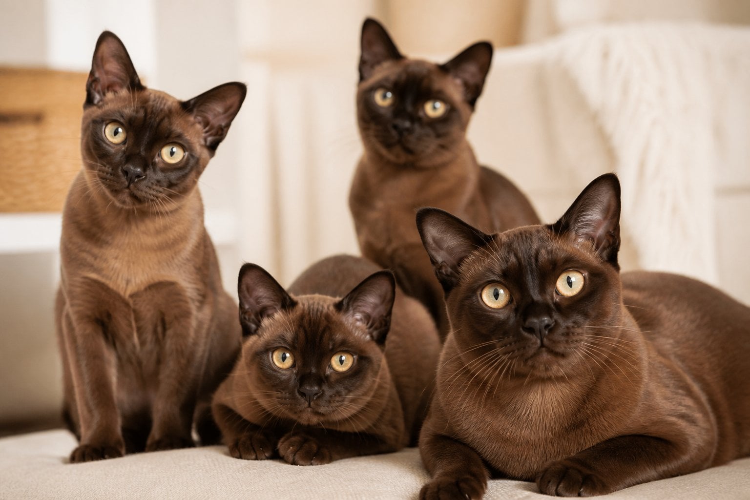 Several Burmese cats with shiny brown coats sitting and looking alert indoors.