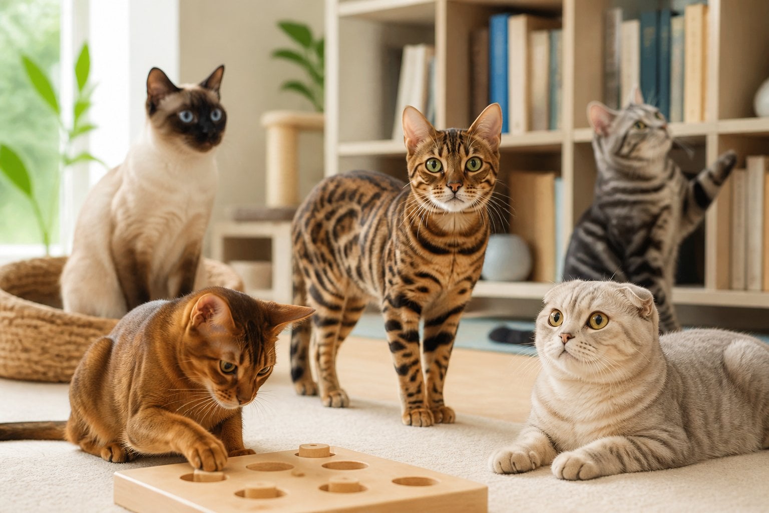 Several cats of different breeds in a cozy indoor setting, showing curious and attentive behavior.