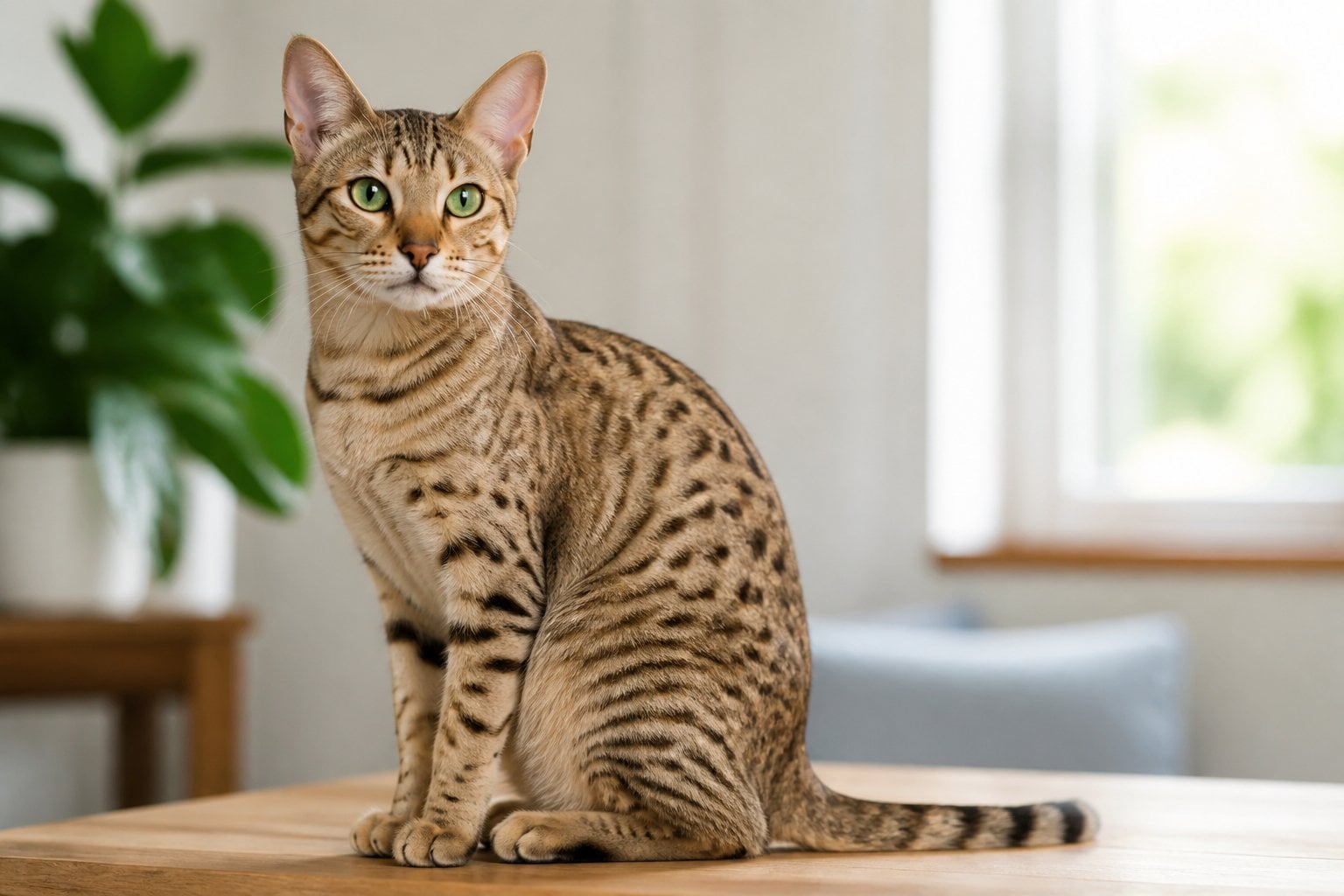 An Ocicat cat with spotted fur sitting on a wooden surface indoors, looking alert and attentive.