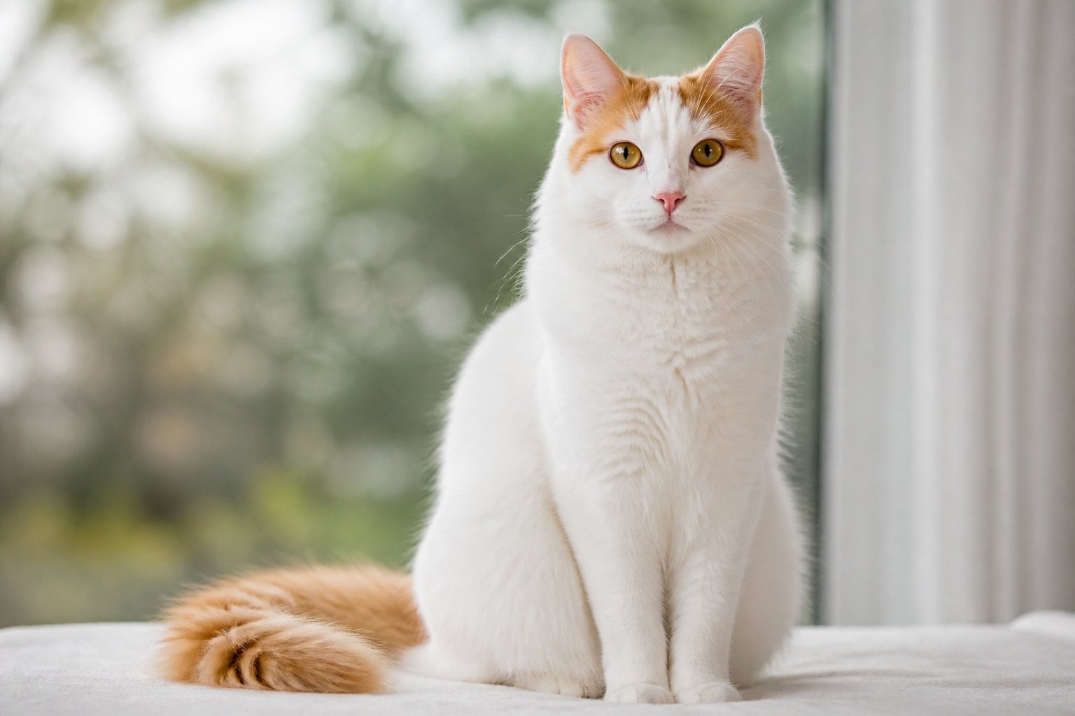 A Turkish Van cat with white fur and colored markings on head and tail sitting on a soft surface with a natural background.