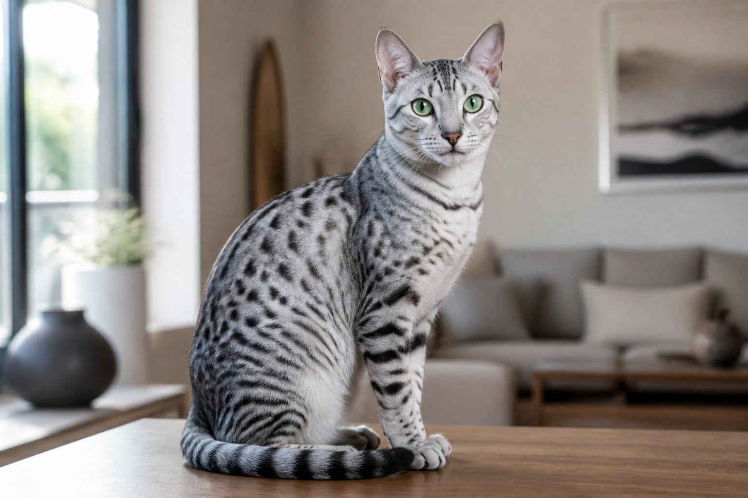 An Egyptian Mau cat with a spotted silver coat and green eyes sitting on a wooden table in a bright living room.