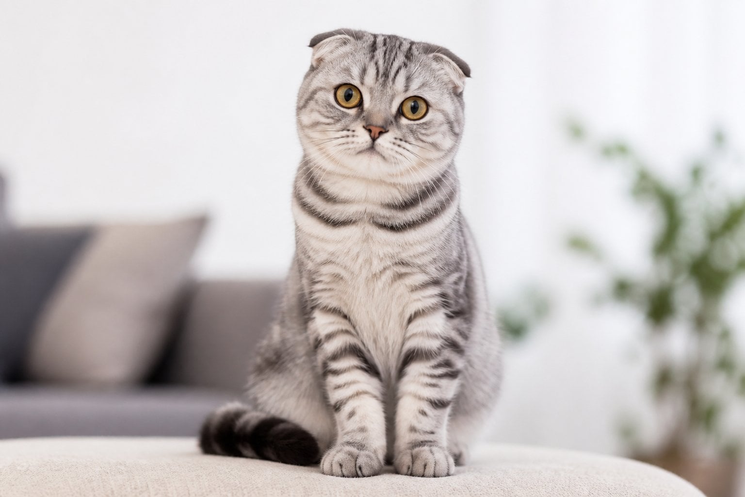 A Scottish Fold cat with folded ears sitting calmly and looking attentively.