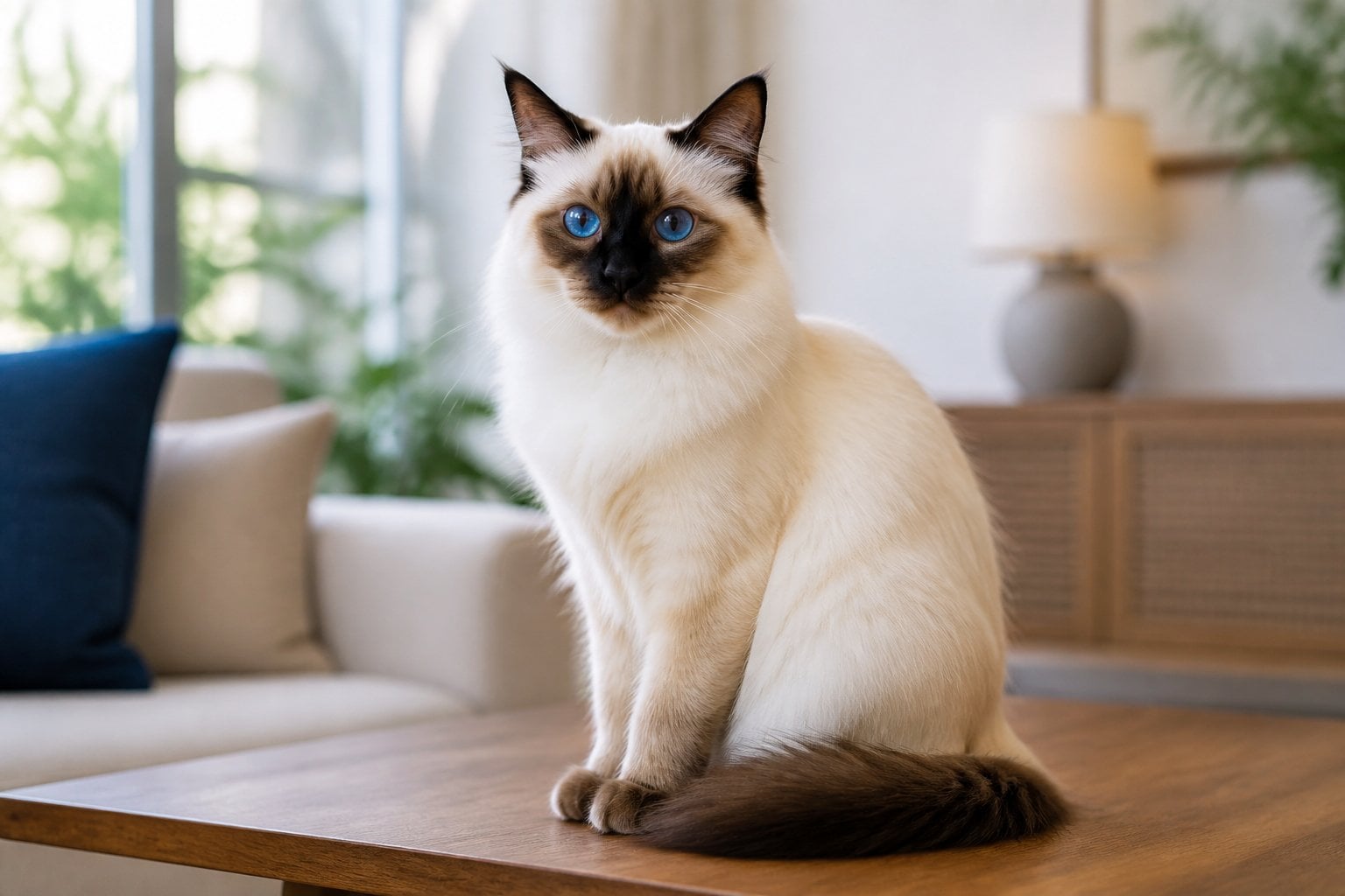 A Balinese cat with cream-colored fur and blue eyes sitting on a wooden table in a bright living room.