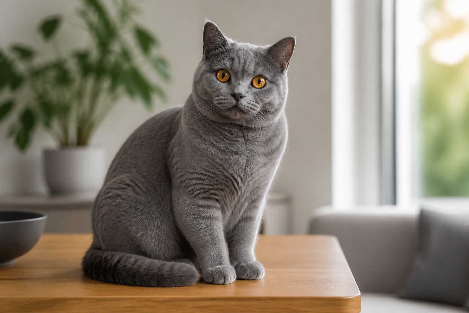 A blue-gray Chartreux cat with orange eyes sitting on a wooden table in a bright room with natural light and plants in the background.