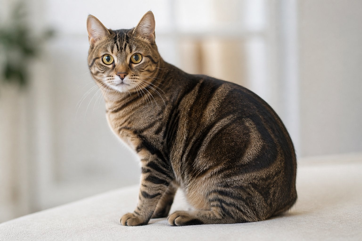 A tailless Manx cat sitting calmly on a soft surface with attentive eyes.