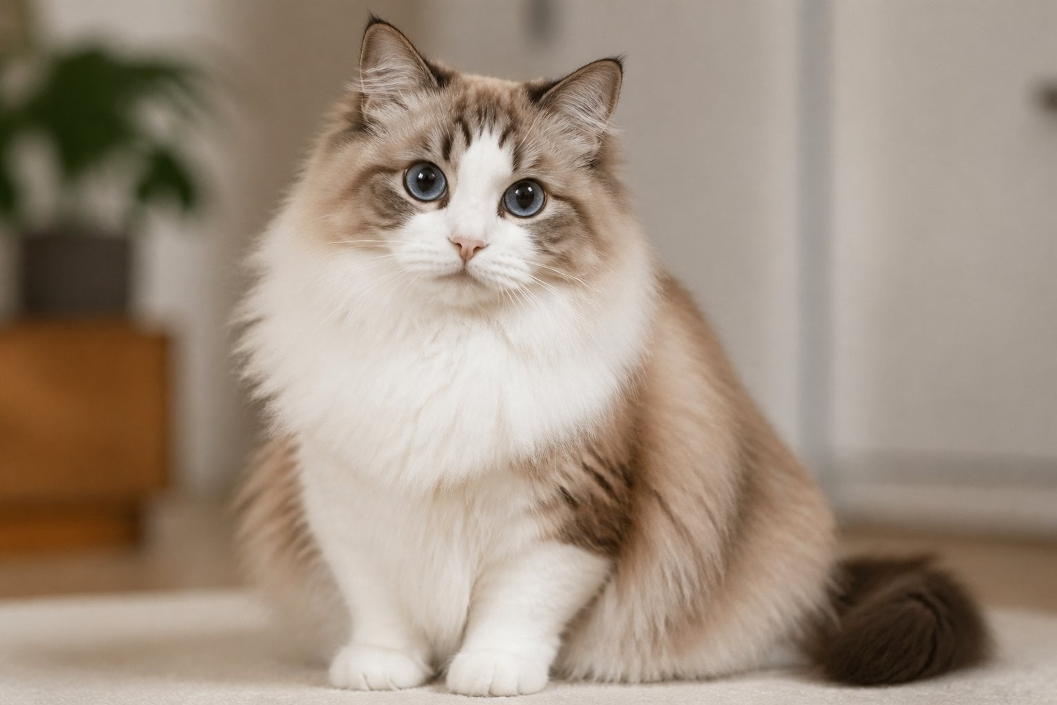 A Ragamuffin cat sitting calmly indoors with soft fur and bright eyes.
