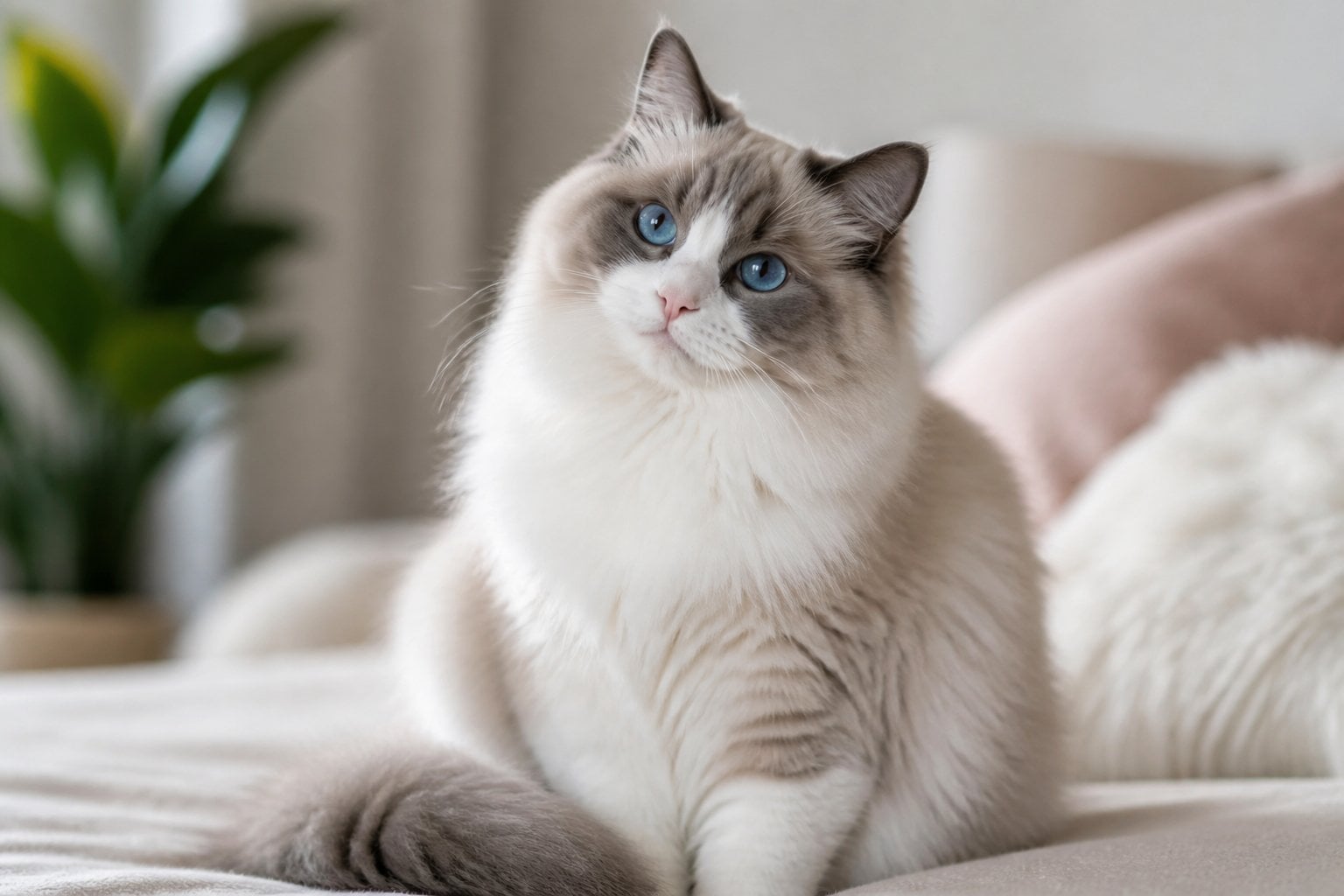 A Ragdoll cat with blue eyes and fluffy fur sitting calmly on a soft surface indoors.