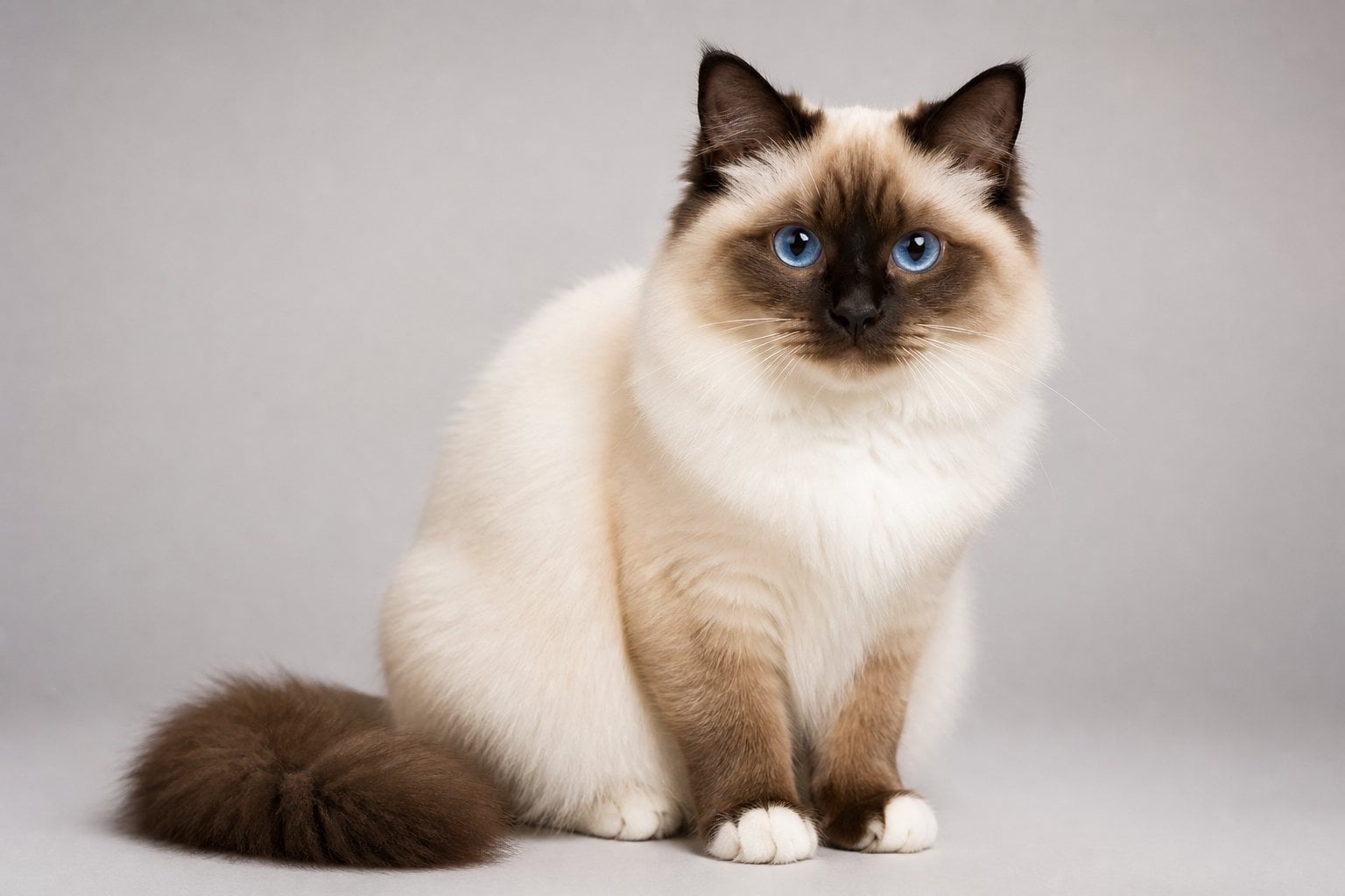A Birman cat with blue eyes sitting calmly against a neutral background.