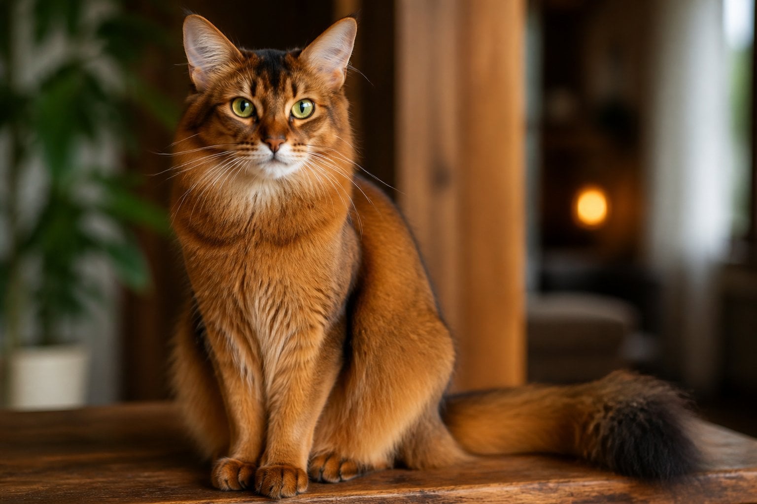 A Somali cat sitting on a wooden surface in a cozy indoor setting with soft natural light.