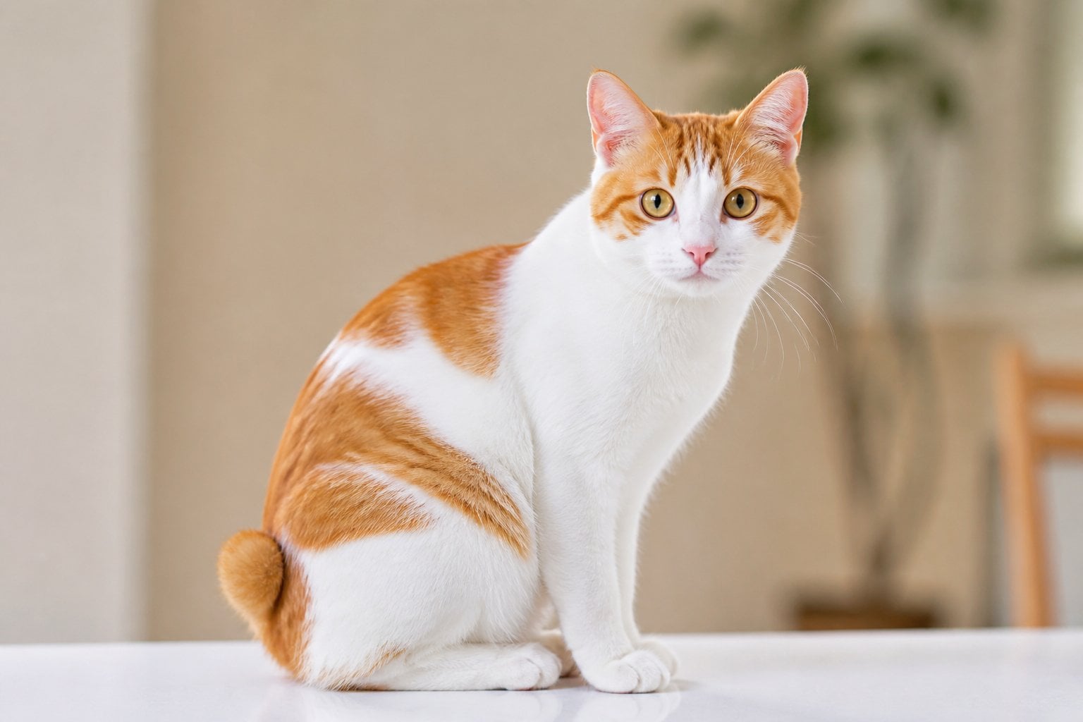A Japanese Bobtail cat with a short tail and orange and white fur sitting and looking attentively forward.