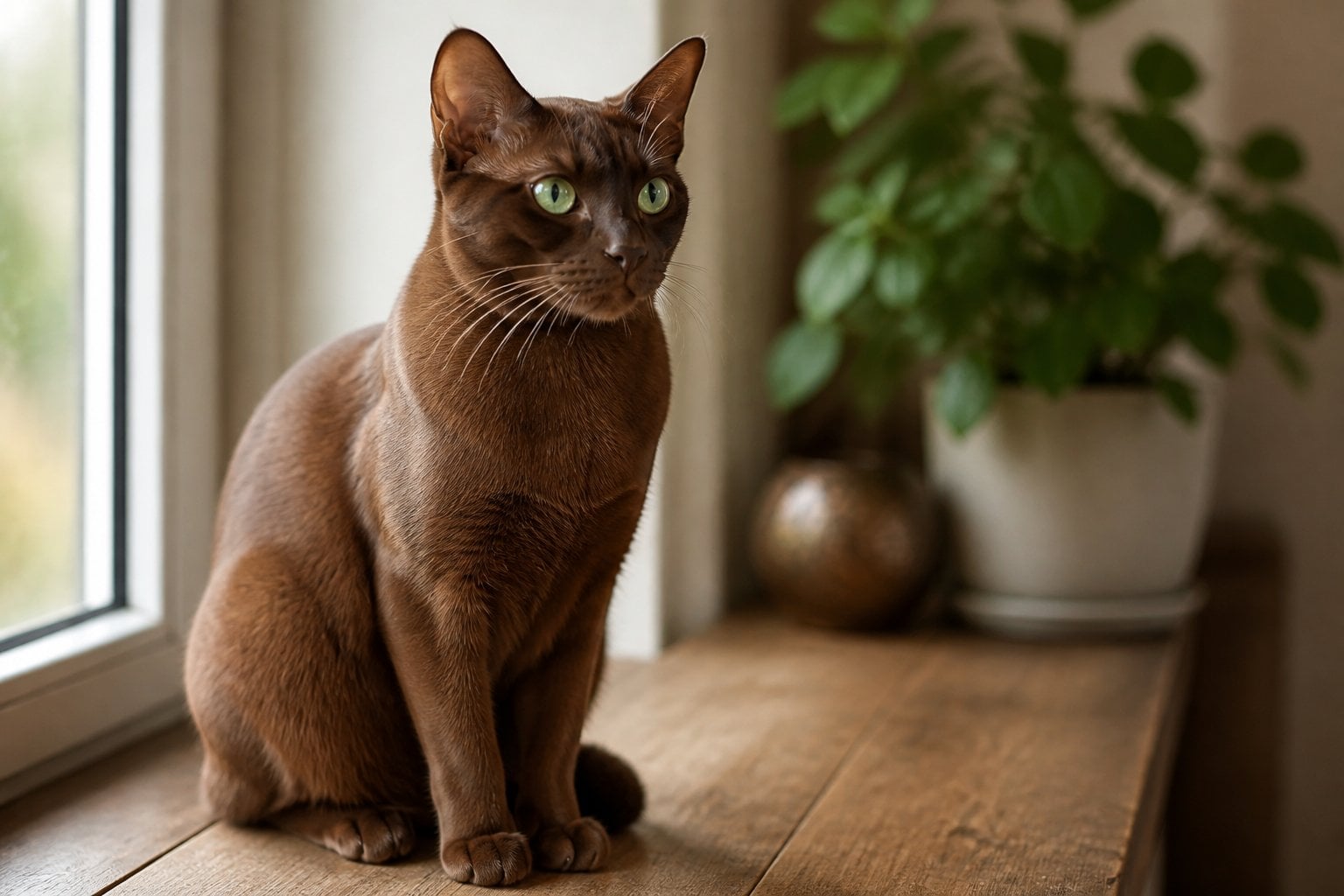 A Havana Brown cat with green eyes sitting on a wooden surface near a window in a cozy indoor setting.