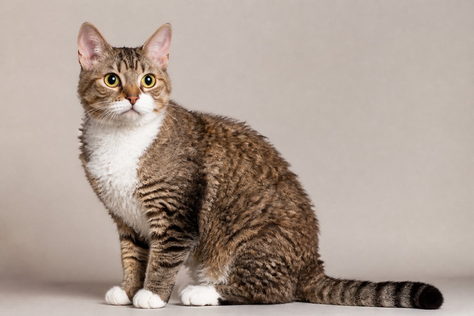 An American Wirehair cat with curly fur sitting calmly and looking attentively ahead.