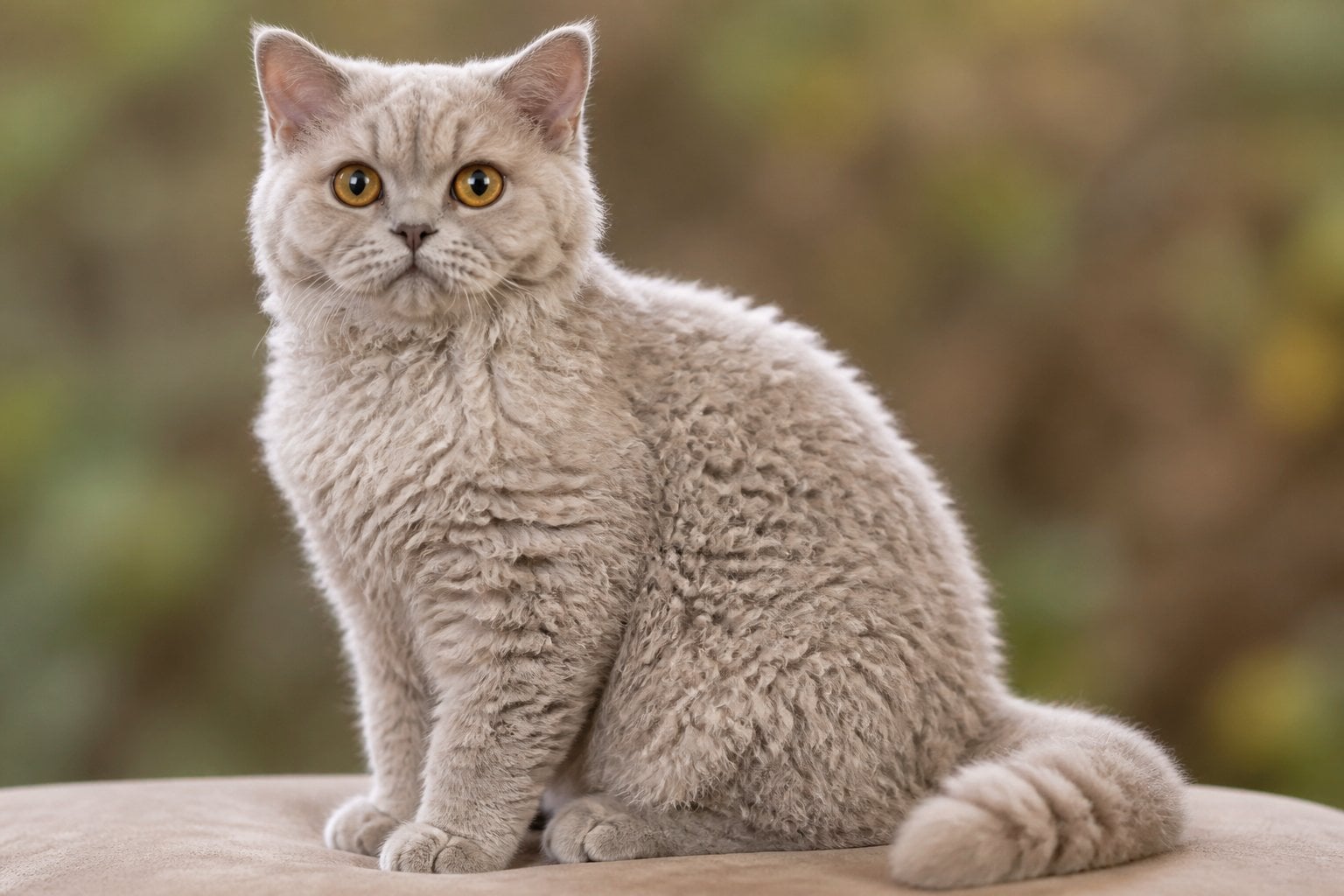 A Selkirk Rex cat with curly fur sitting calmly on a soft surface against a blurred natural background.