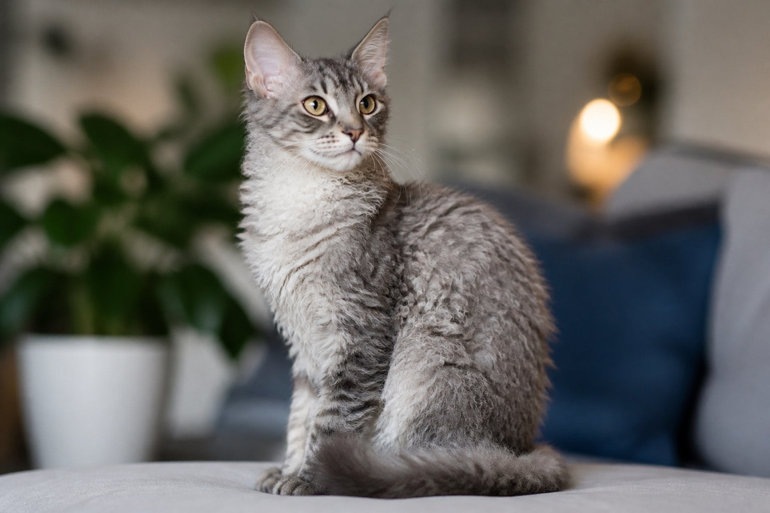 A LaPerm cat with curly fur sitting on a soft surface indoors, looking alert and curious.