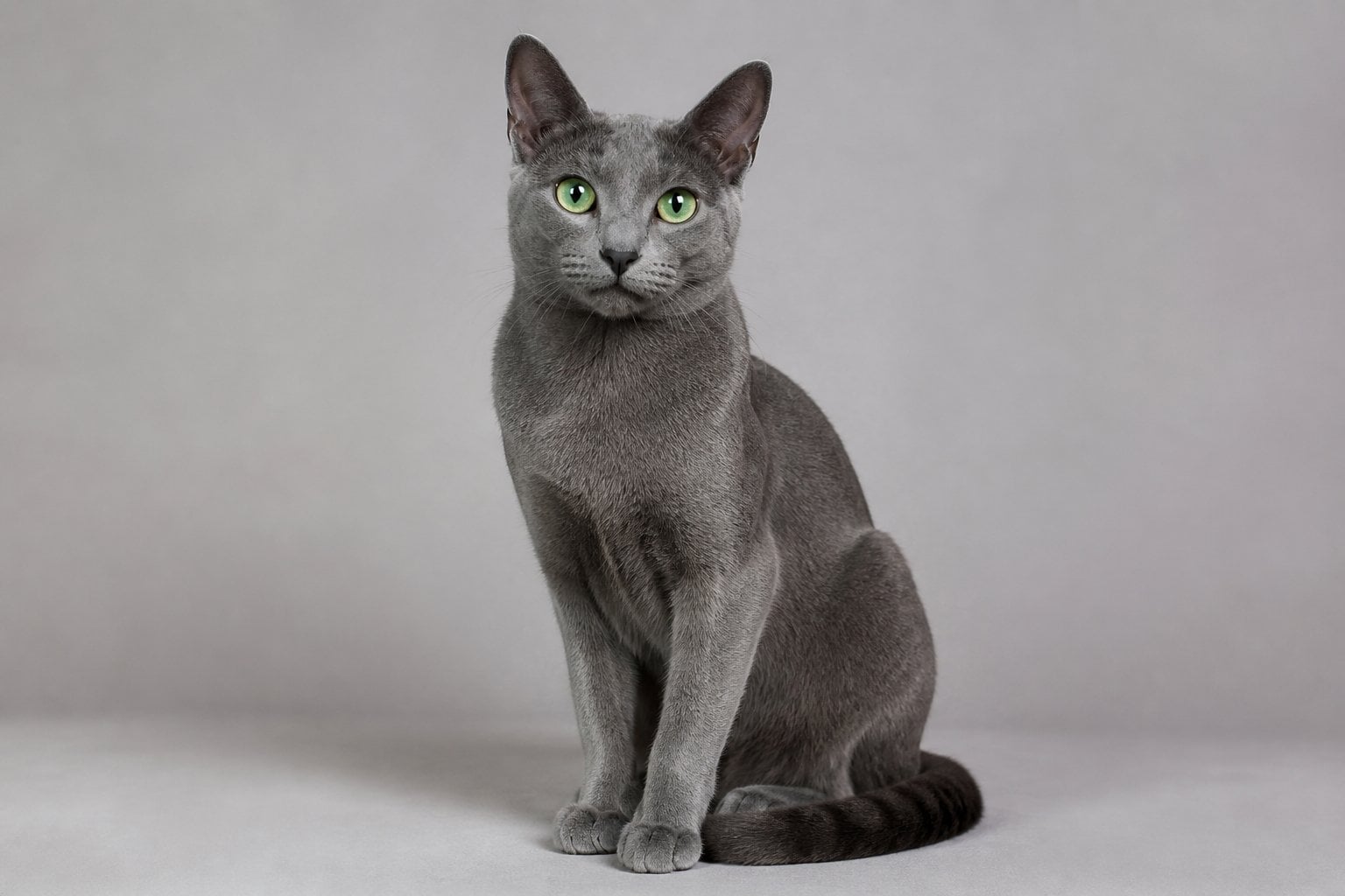 A Korat cat with silver-blue fur and green eyes sitting calmly and looking forward.