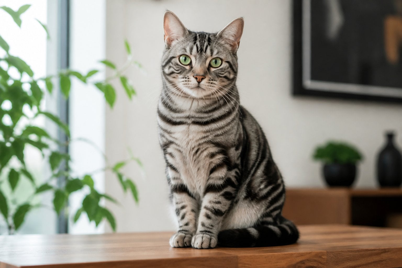 A European Shorthair cat with tabby markings sitting on a wooden surface indoors, looking alert and attentive.