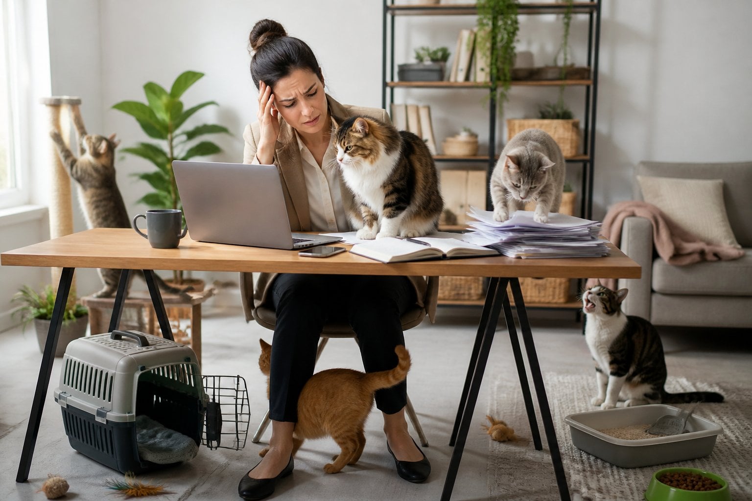 A busy professional struggles to work while several cats demand attention and make harmless messes in a home office.