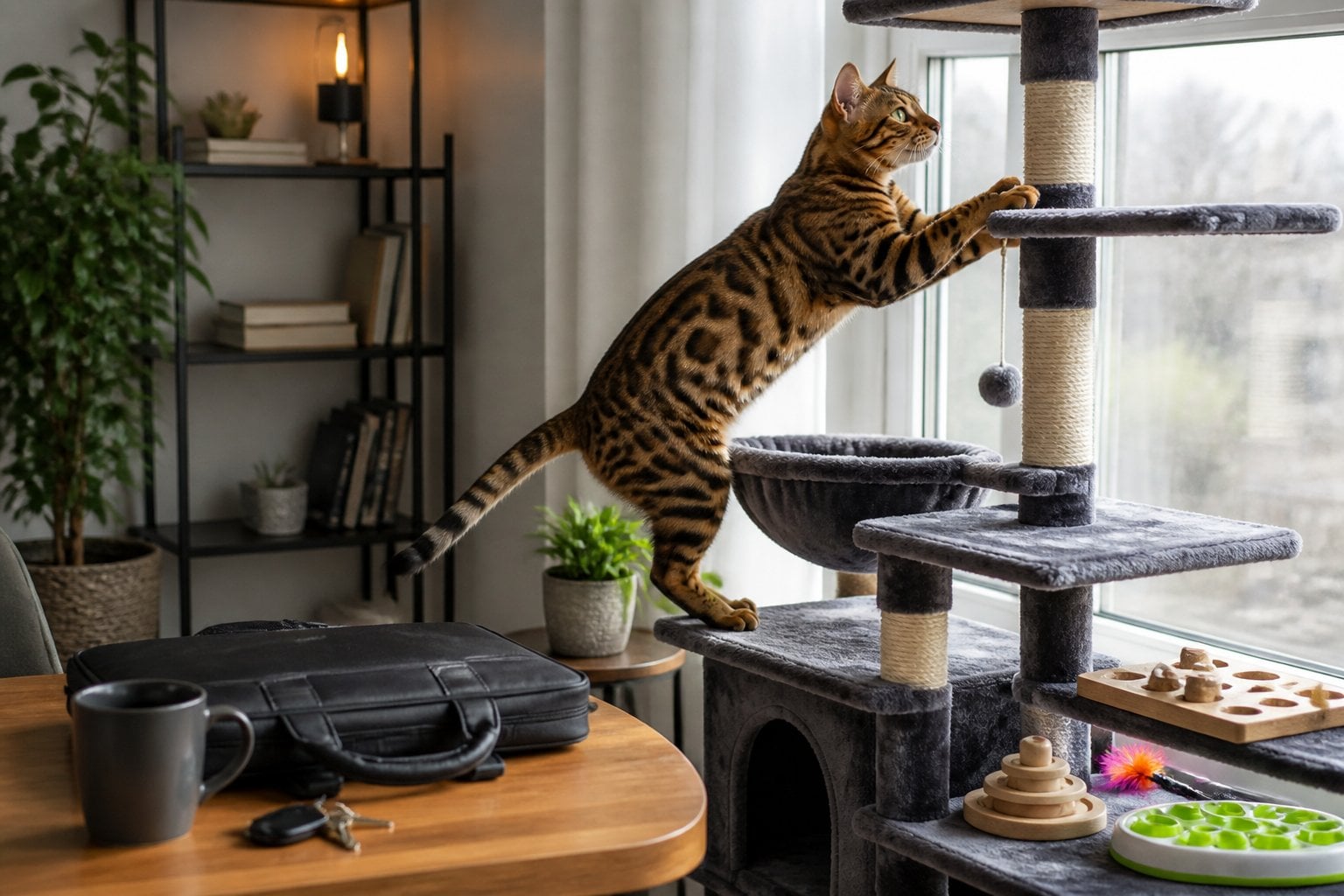 A Bengal cat climbs a tall cat tree beside a window in a modern home, surrounded by toys and enrichment items.