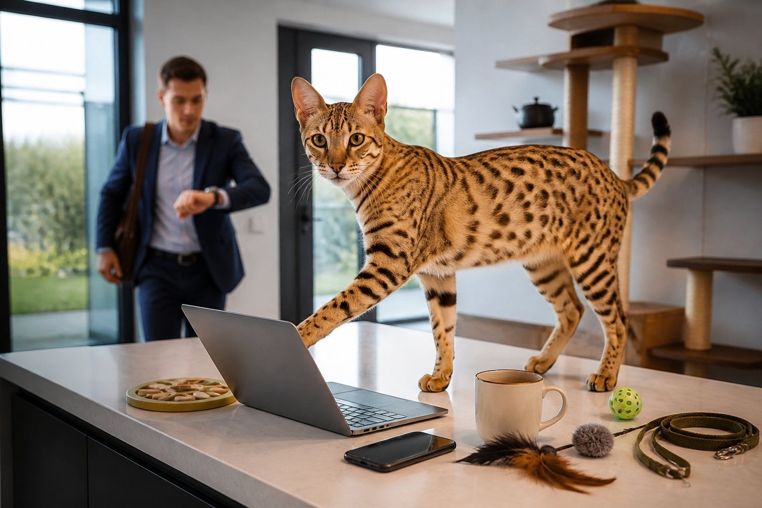 A spotted Savannah cat stands beside a laptop and pet toys in a modern home while its owner prepares to leave for work.