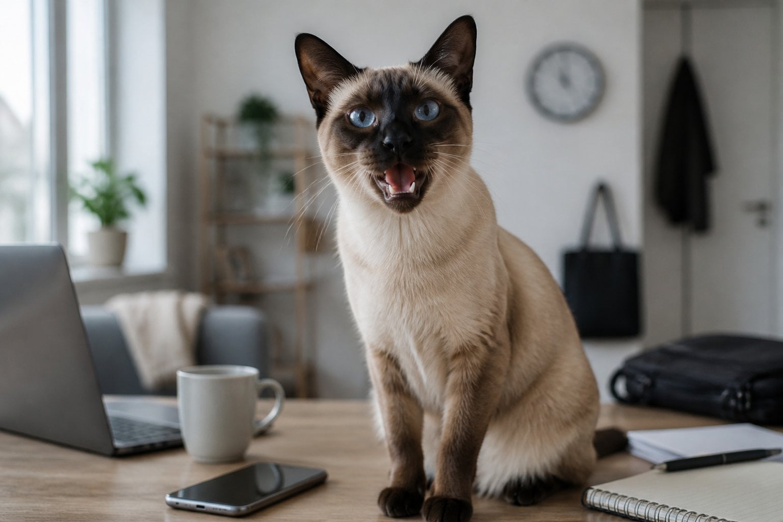A Siamese cat sits alertly in a modern apartment beside a busy work area.