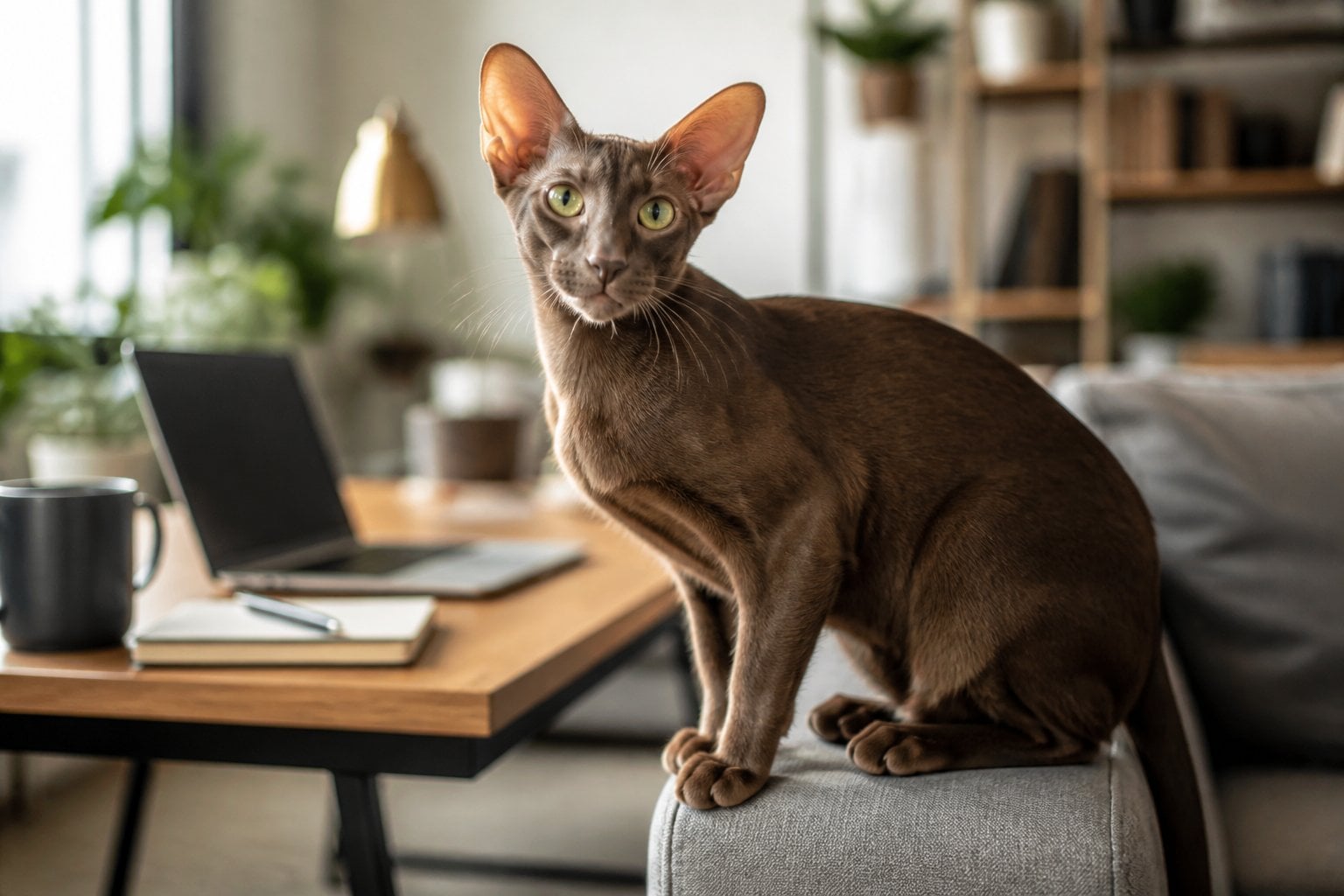An Oriental Shorthair cat sitting beside a home workspace.