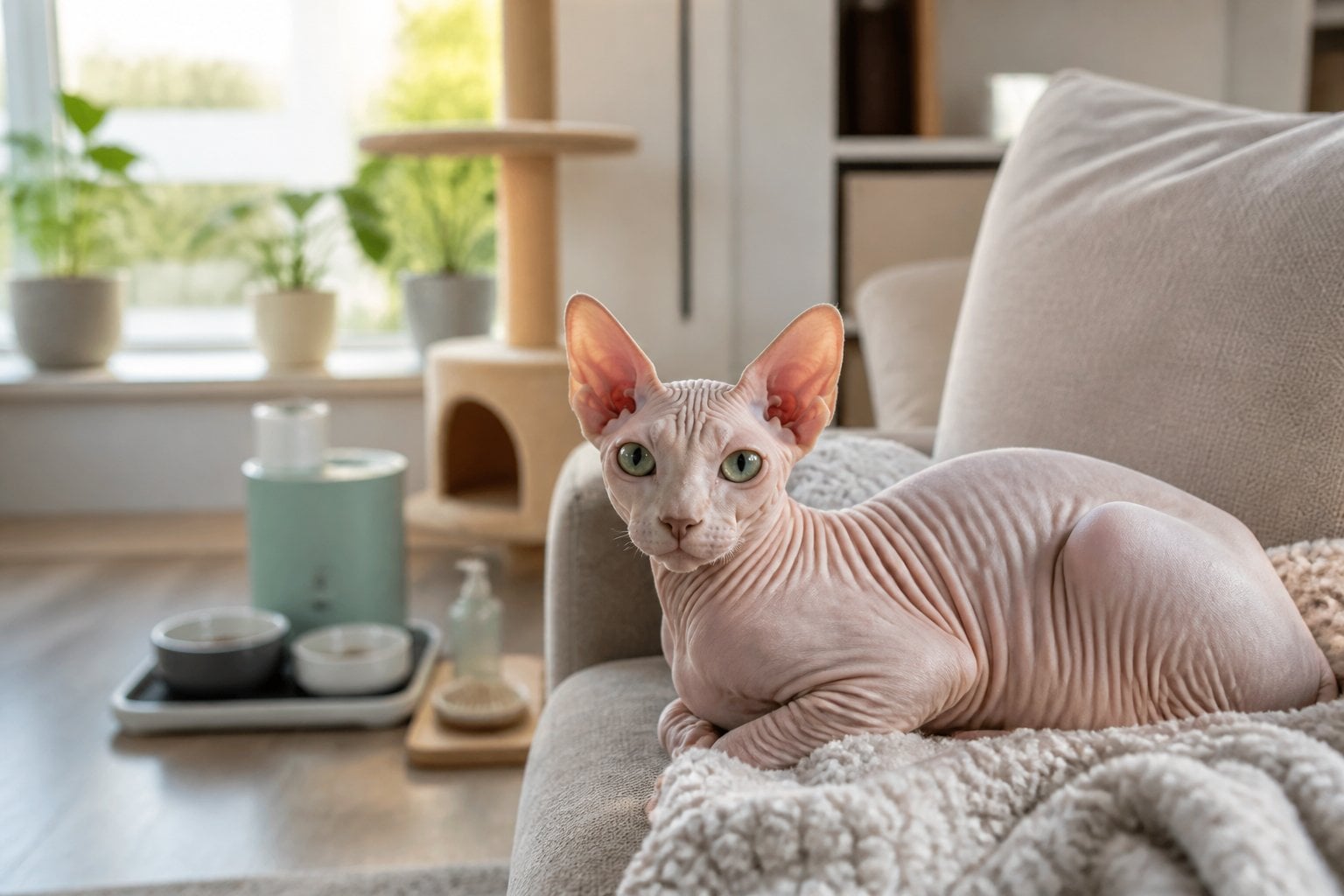A Sphynx cat resting on a sofa in a bright modern apartment.