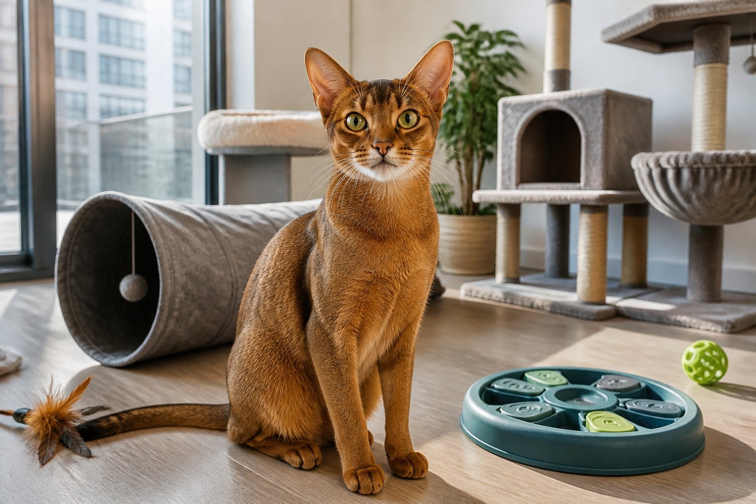 An alert Abyssinian cat sits in a bright apartment beside interactive toys and a climbing tower.