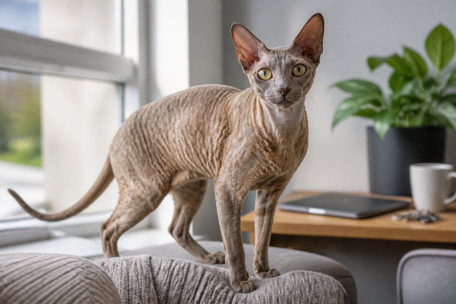 A Cornish Rex cat sits near a bright window in a modern home beside a tidy work area.