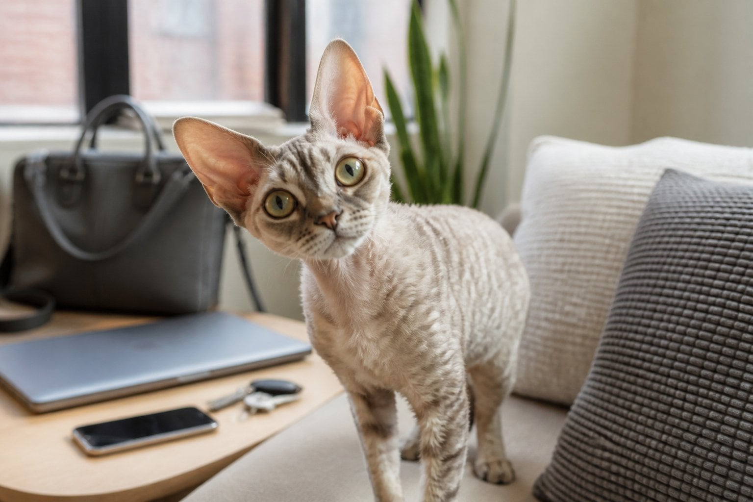 A Devon Rex cat sits attentively in a bright living room near a sofa and window.