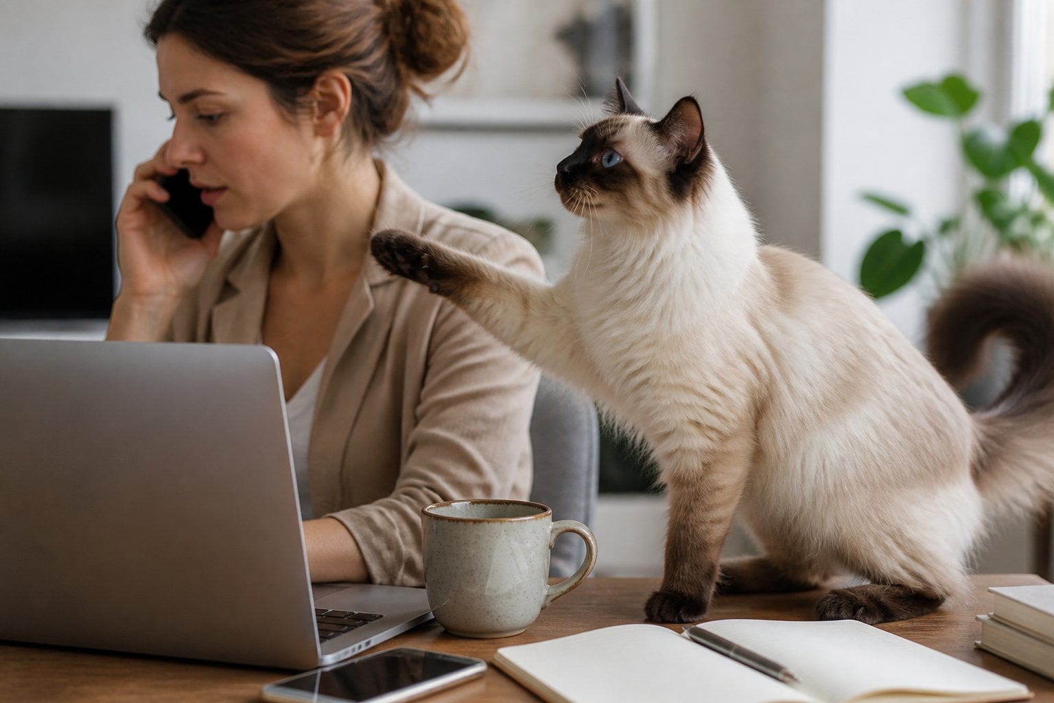 A Balinese cat seeks attention beside a laptop while its busy owner works in a home office.