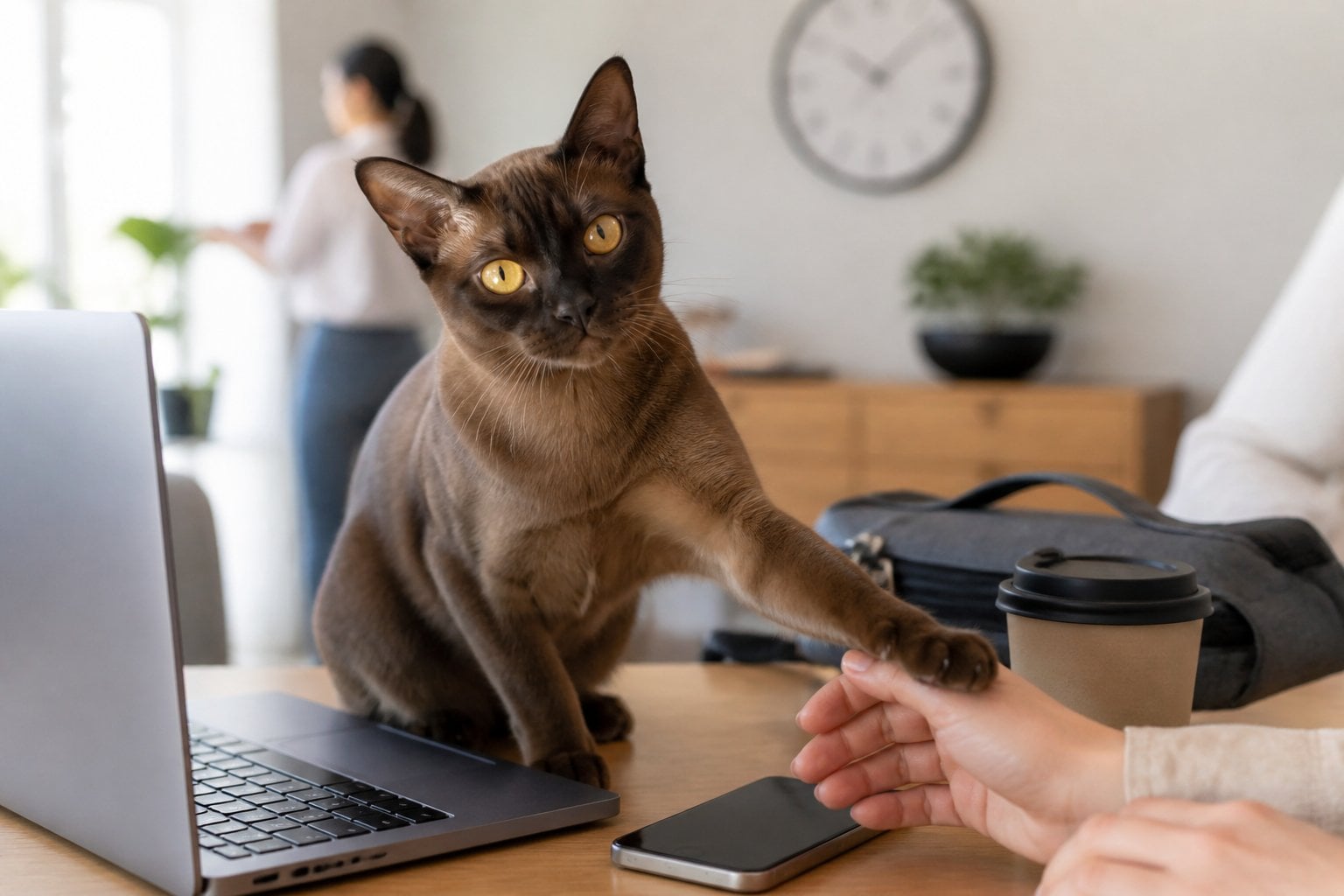 A Burmese cat seeks attention beside a laptop and personal items in a busy modern home.