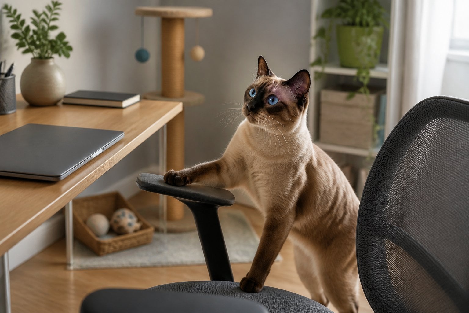 A Tonkinese cat seeking attention beside a home office.
