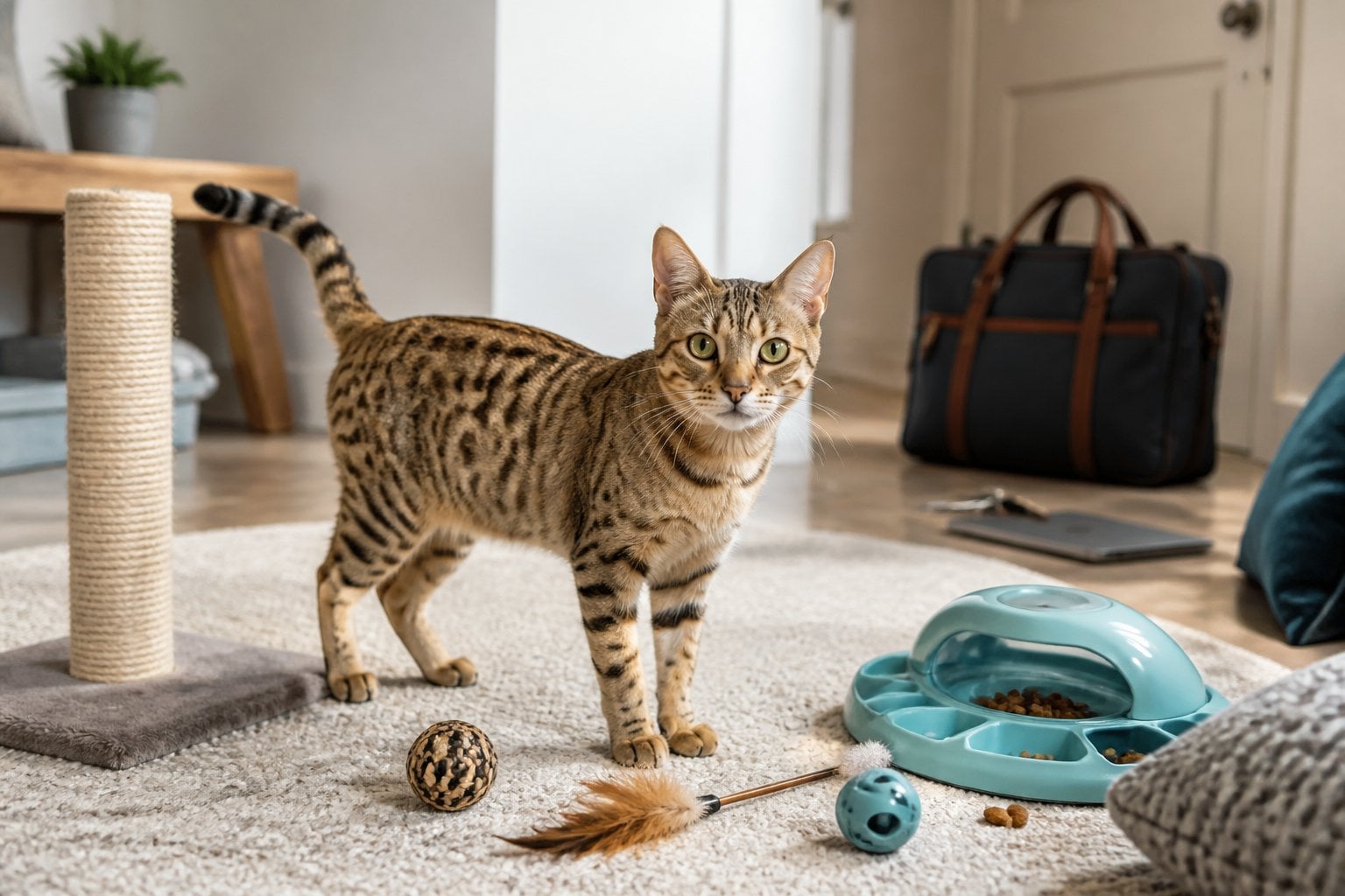 An active spotted Ocicat stands beside toys and a scratching post in a tidy living room.