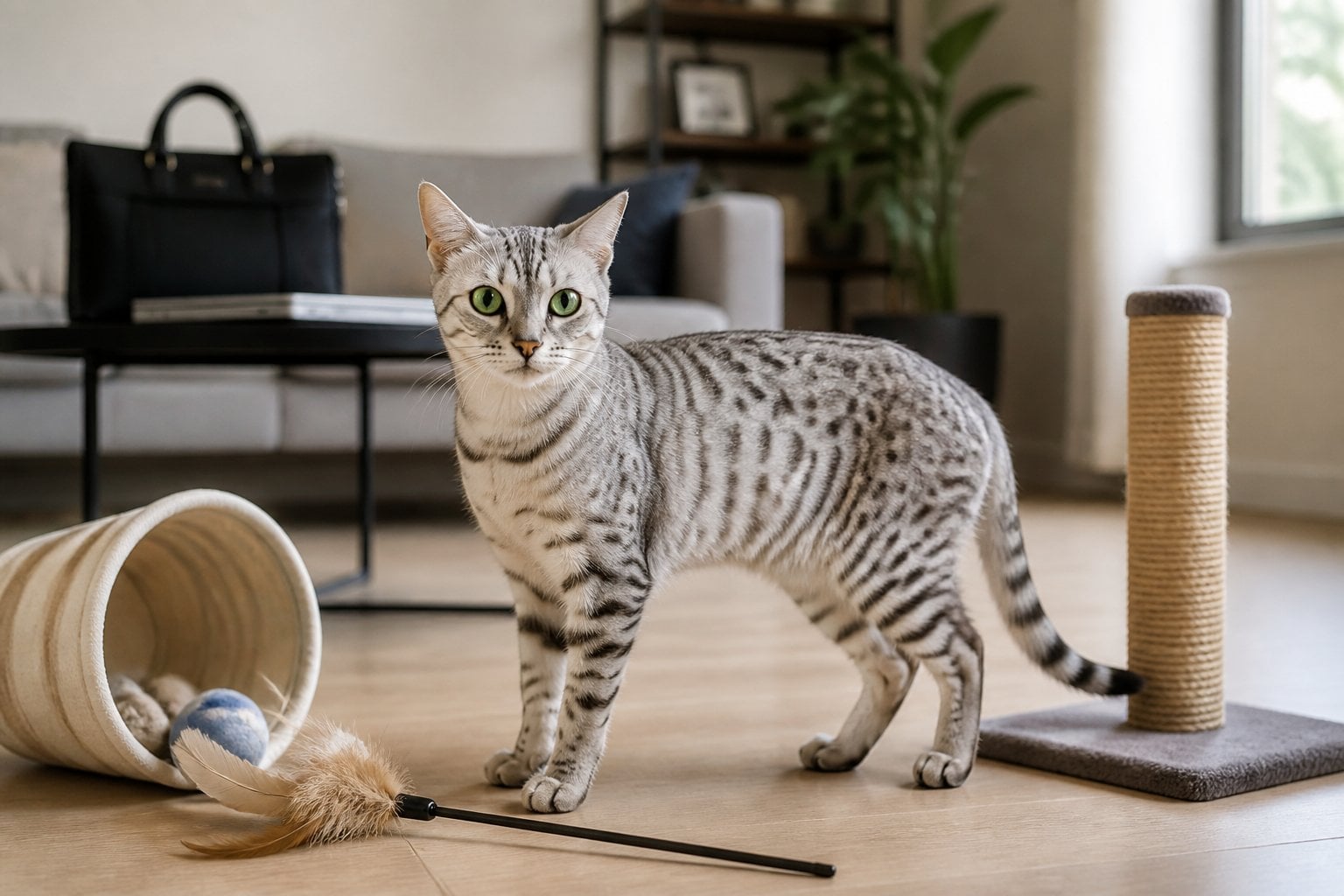 An Egyptian Mau cat stands alert beside toys and a scratching post in a modern living room.