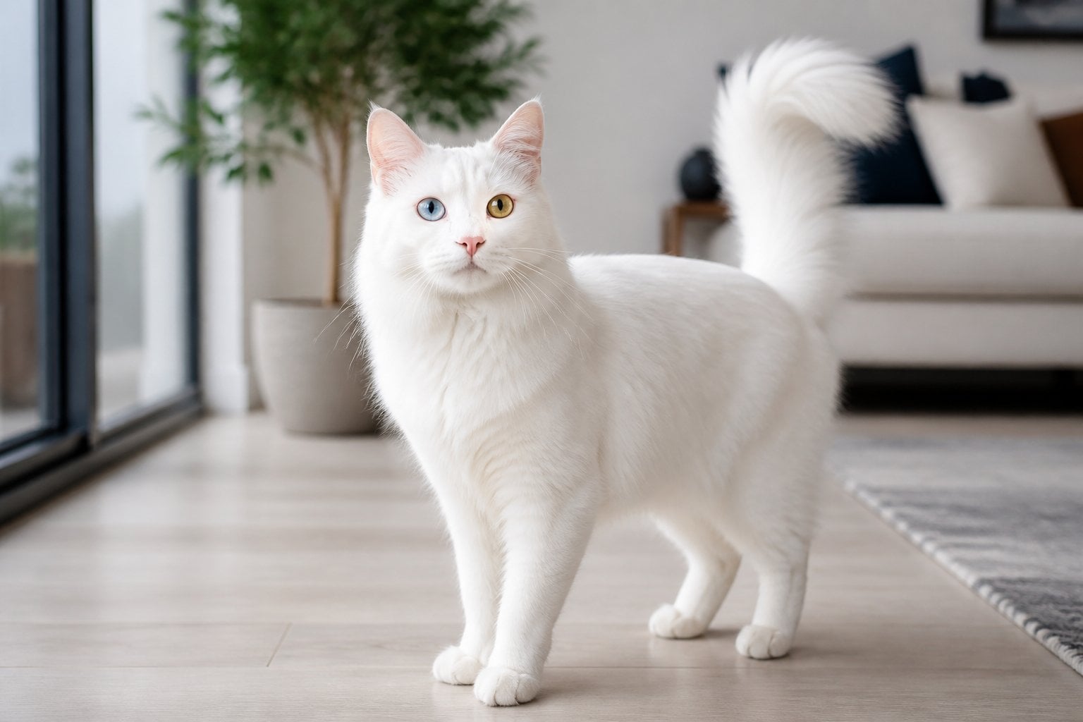 A white Turkish Angora cat with mismatched blue and amber eyes standing in a bright modern living room.