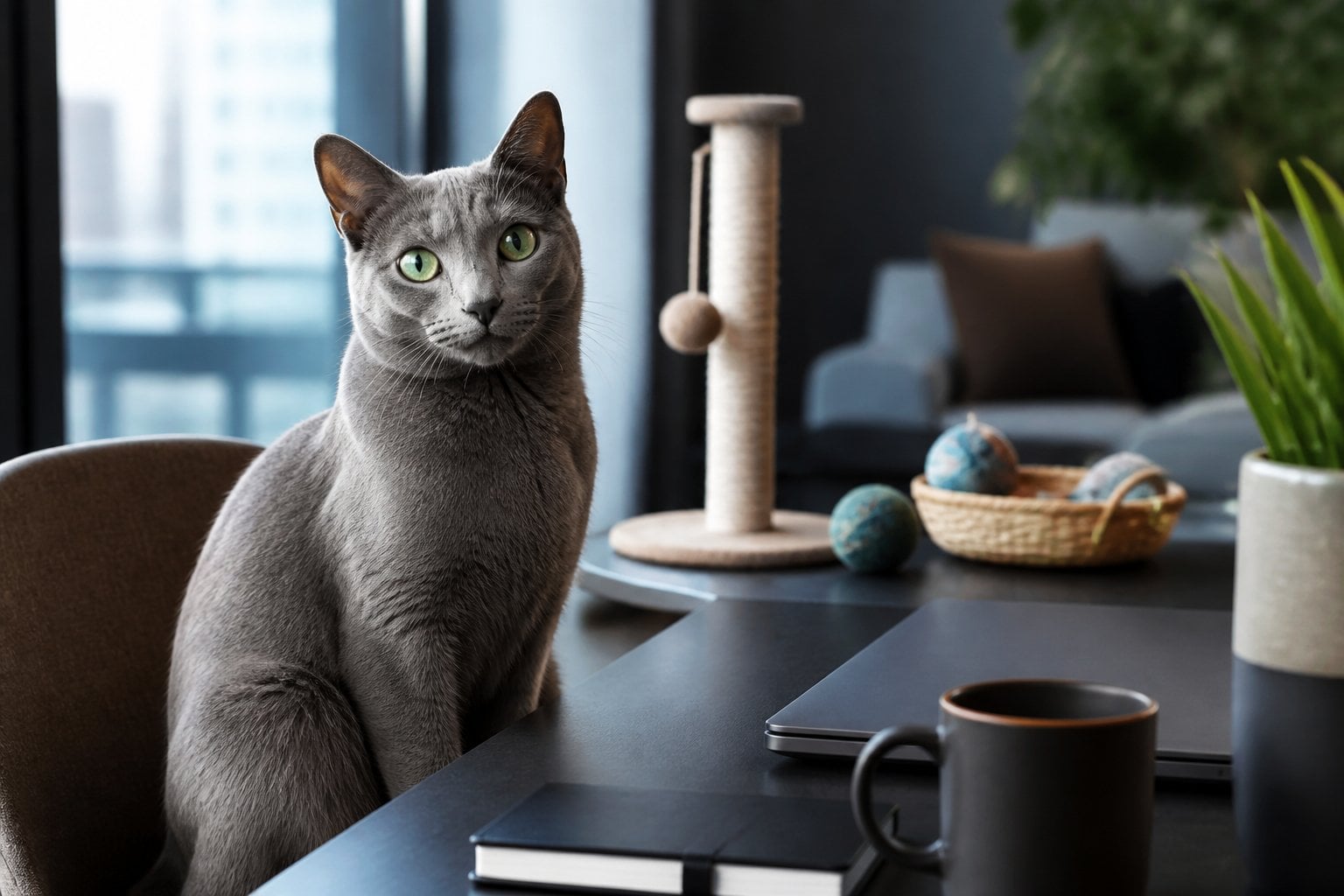 A Russian Blue cat sits beside a home workspace with toys and a scratching post.