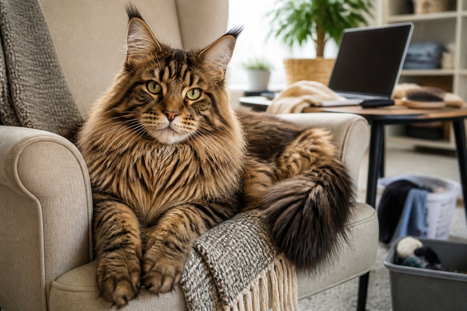 A large Maine Coon cat rests on an armchair in a bright home beside everyday pet-care items.