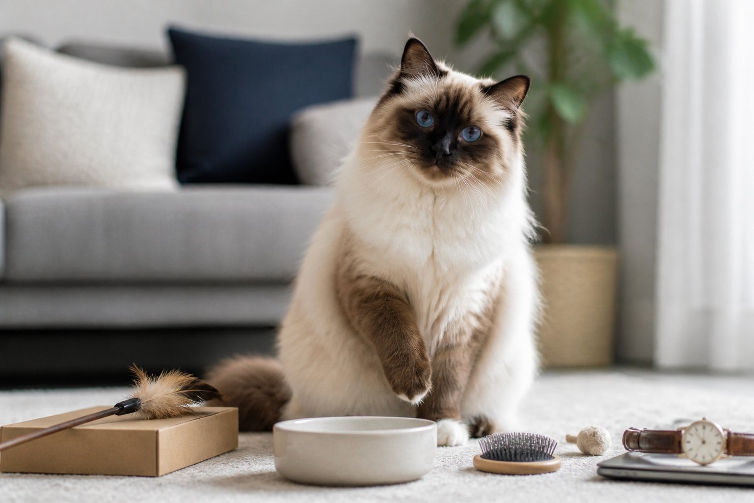 A fluffy Ragdoll cat sits beside grooming supplies, toys, and a food bowl in a home.
