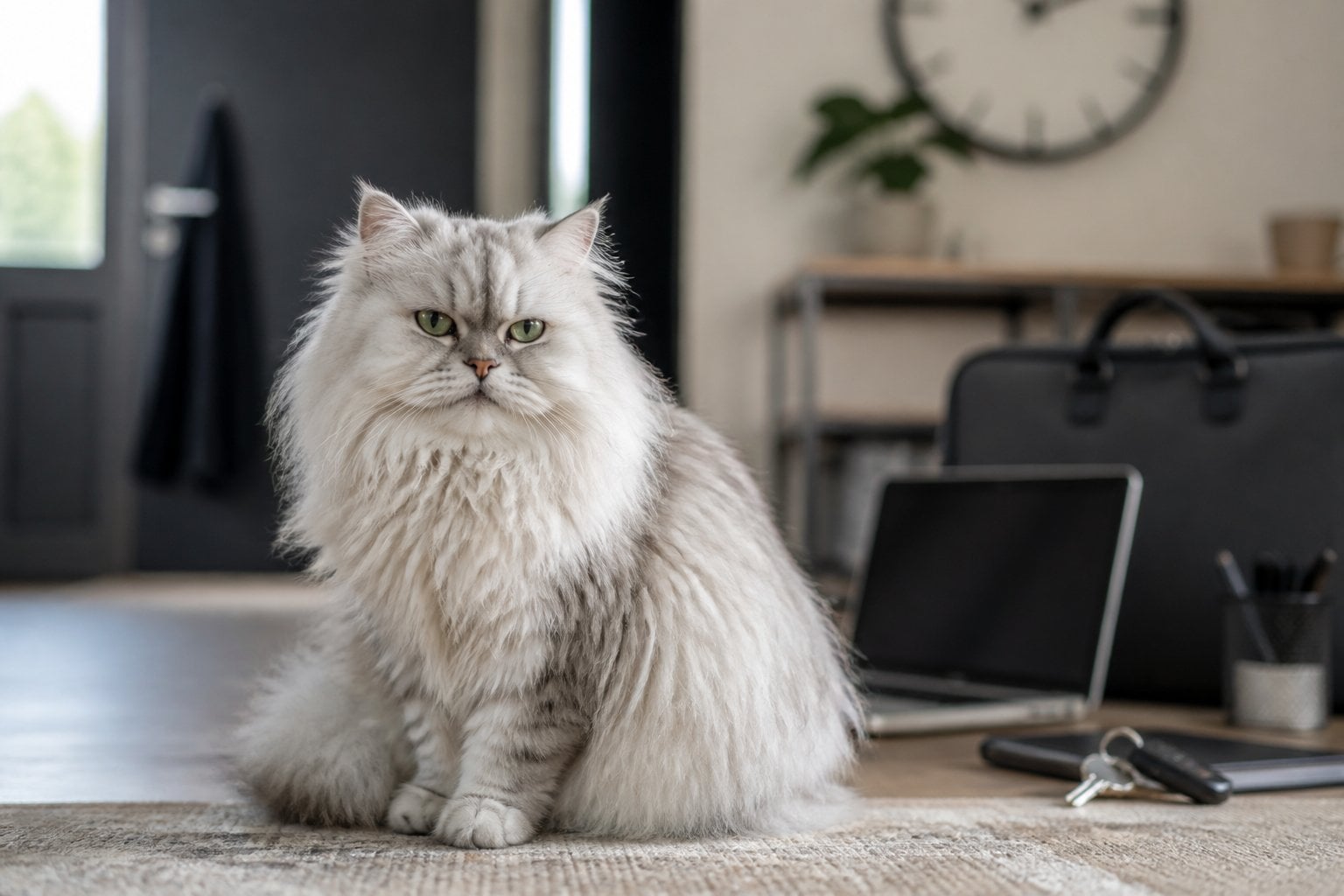 A long-haired Persian cat sits indoors beside a busy home workspace.