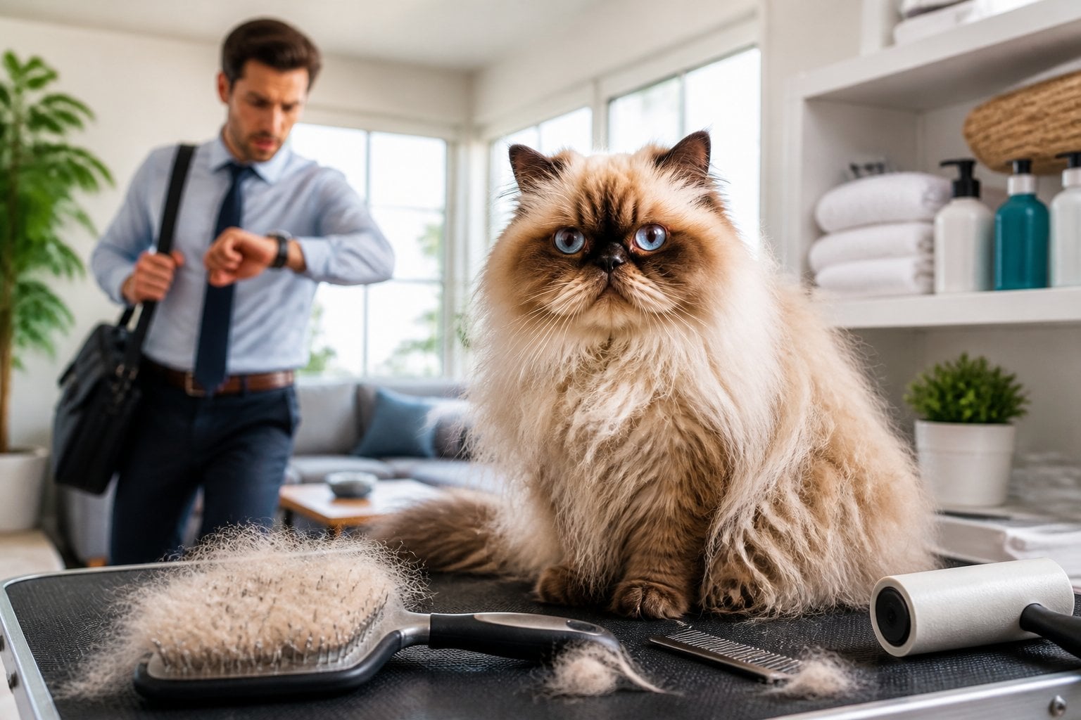 A long-haired Himalayan cat sits beside grooming supplies while a busy owner checks a watch in the background.