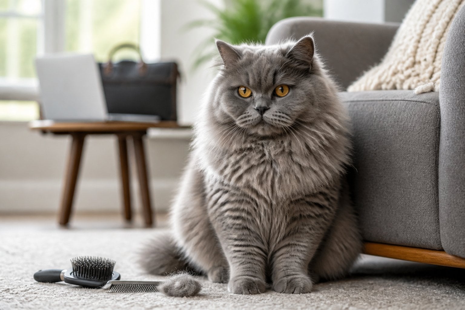 A long-haired blue-gray British Longhair cat sits beside grooming tools in a bright living room.