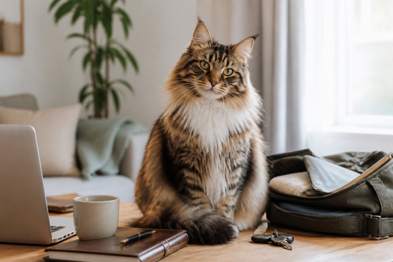 A fluffy Norwegian Forest Cat sits beside a laptop and work bag in a home.
