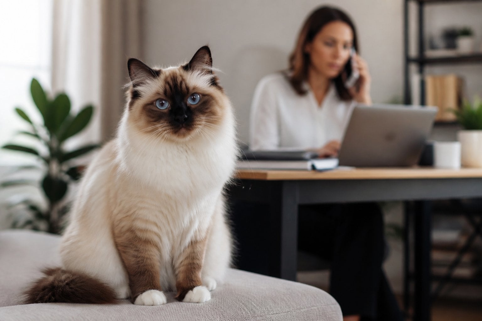 A Birman cat sits near a home office while its owner works in the background.