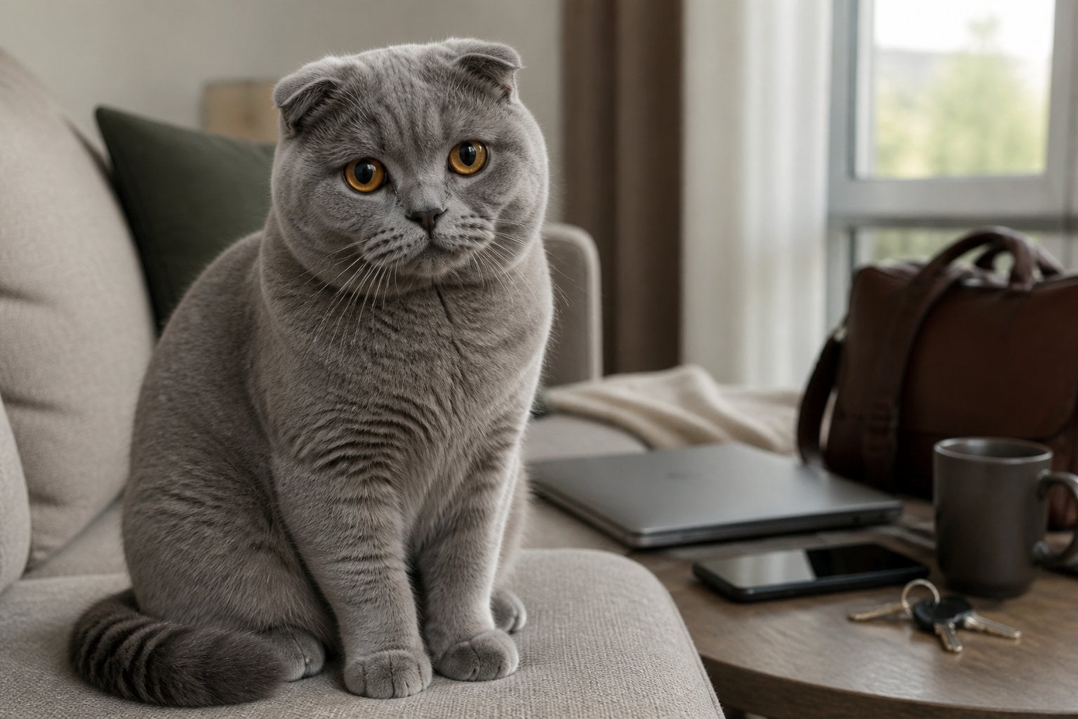 A Scottish Fold cat sits alone on a sofa in a bright home beside everyday work items.