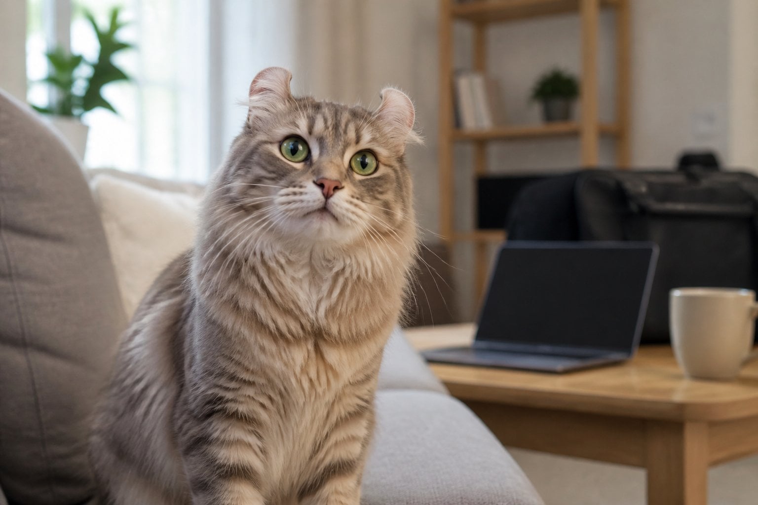 An American Curl cat with distinctive backward-curled ears sitting in a modern living room.
