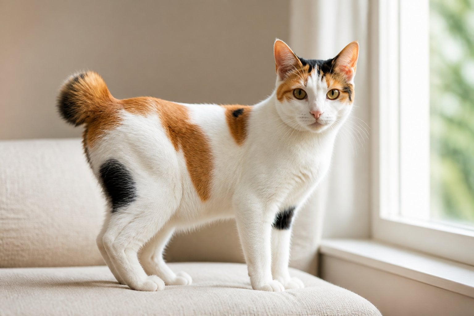 A Japanese Bobtail cat sitting indoors near a sunlit window.