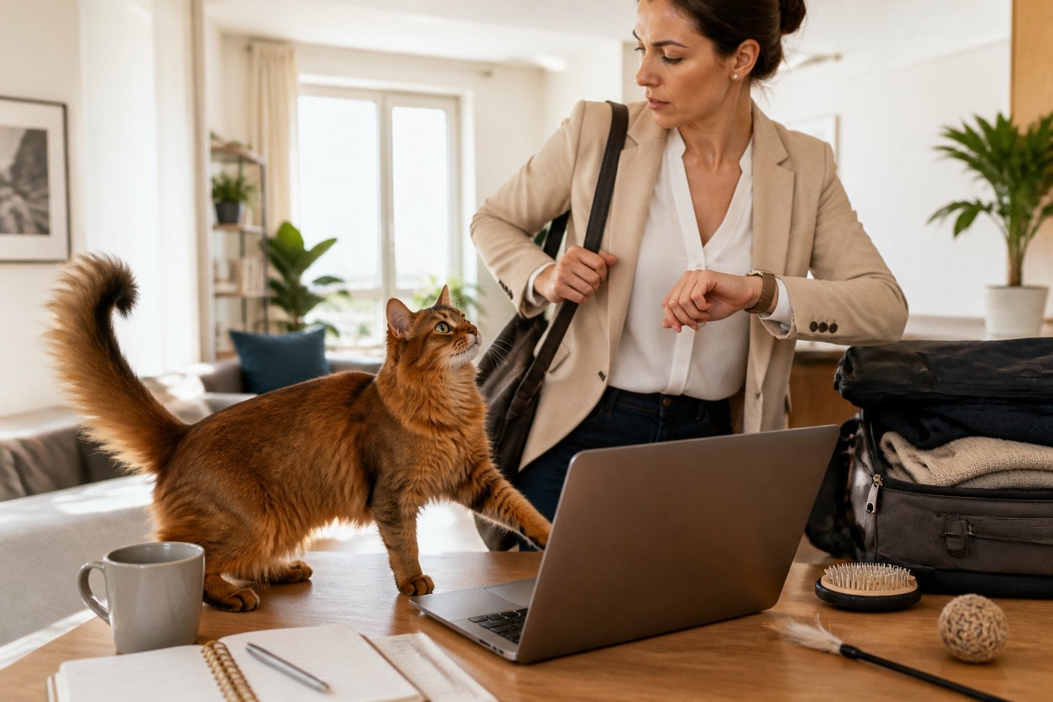A Somali cat seeks attention from a busy owner in a modern apartment.