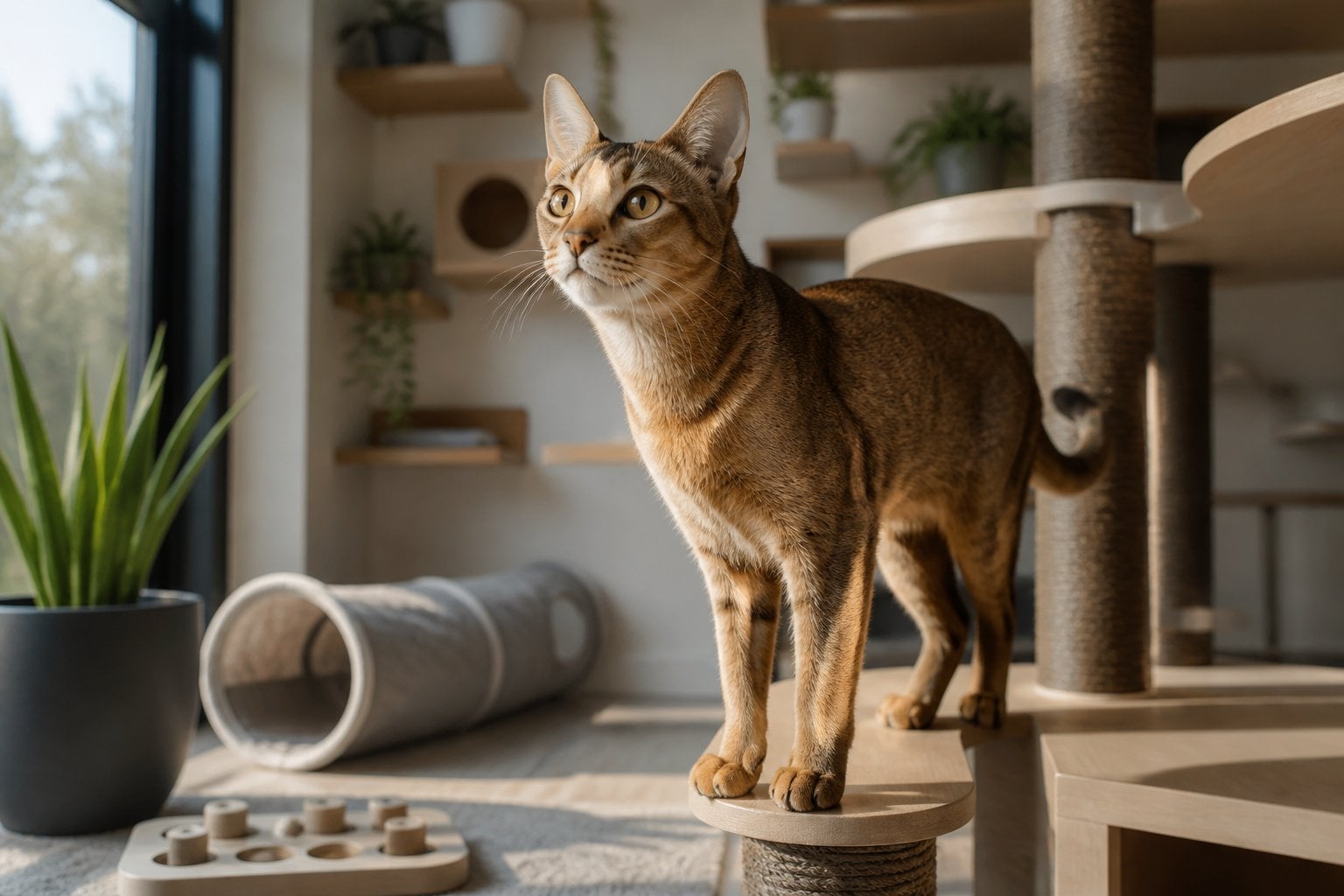 A Chausie cat stands alert on an indoor climbing structure in a modern home.