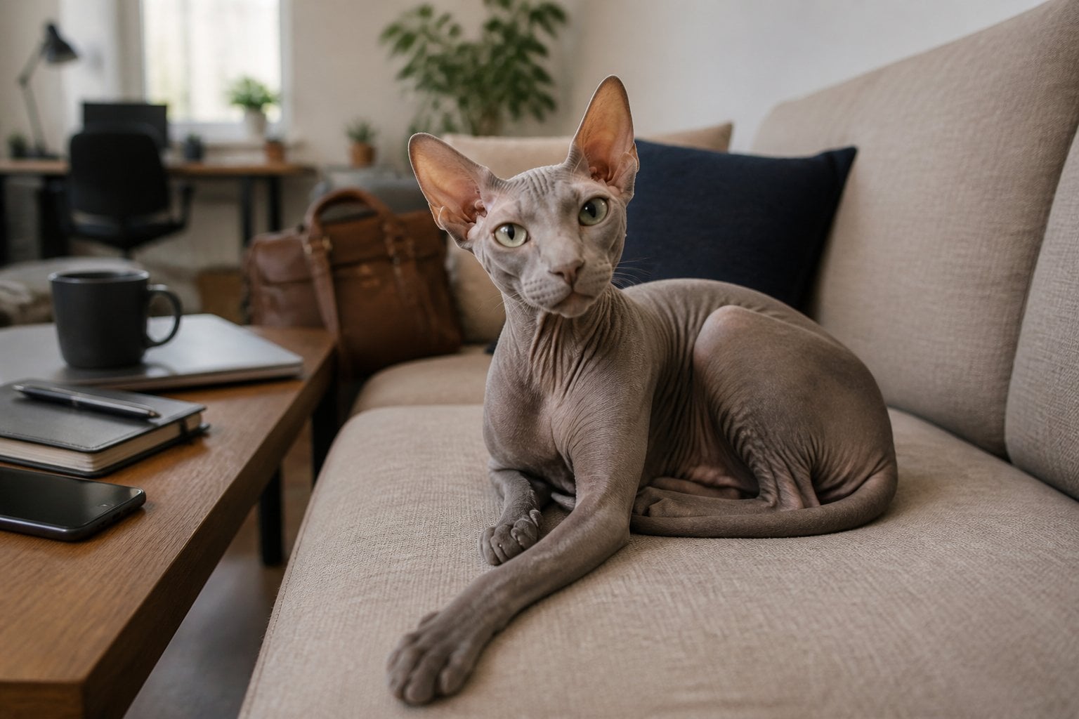 A hairless Peterbald cat sits on a sofa beside a home office workspace.